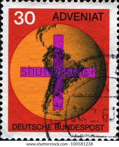 GERMANY - CIRCA 1967: A stamp printed in Federal Republic of Germany honoring Adveniat - Aid for Catholic Church in Latin America, shows Cross on South American Map, circa 1967