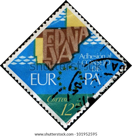 SPAIN - CIRCA 1978: A stamp printed in Spain honoring Membership of the Council of Europe, shows Council Emblem and Map of Spain, circa 1978