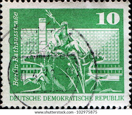 GDR - CIRCA 1973: A stamp printed in GDR shows the Neptune Fountain, City Hall Street, Berlin, circa 1973