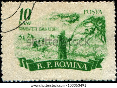 ROMANIA - CIRCA 1955: A stamp printed in Romania shows Fruit and Vegetable Cultivation, Spraying Fruit Trees, circa 1955