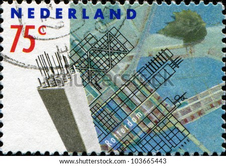 NETHERLANDS - CIRCA 1990: a stamp printed in the Netherlands shows Modern Buildings, Rotterdam Reconstruction after devastating bombardment in WWII, circa 1990