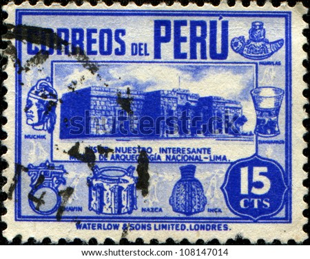 PERU - CIRCA 1938: A stamp printed in Peru shows Exhibits of the Archaeological Museum - Lima, circa in 1938