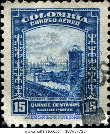 COLOMBIA - CIRCA 1941: A stamp printed in Colombia shows  Spanish Fort, Cartagena, circa 1941