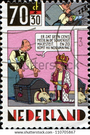 NETHERLANDS - CIRCA 1984: A stamp printed in Netherlands shows Strip Cartoons -The king and money chest, circa 1984