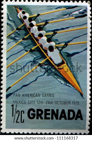 GRENADA - CIRCA 1975: A stamp printed in Grenada shows rowing, series Pan American games Mexico city, circa 1975