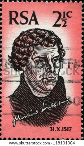 SOUTH AFRICA - CIRCA 1967: A stamp printed in South Africa celebrates the 450 anniversary of the Protestant Reformation, shows Martin Luther, circa 1967