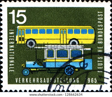 GERMANY - CIRCA 1965: A stamp printed in German Federal Republic shows Old and new post buses, circa 1965