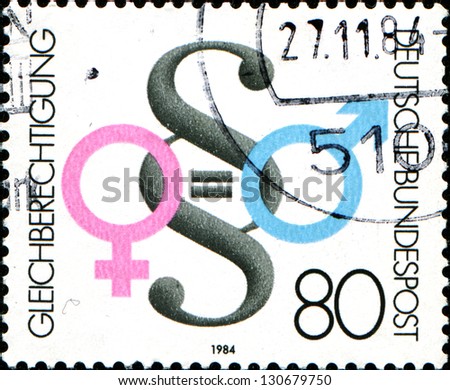 GERMANY - CIRCA 1984: A stamp printed in German Federal Republic depicts for Equal Rights for Men and Women, shows Male and Female Symbols, circa 1984