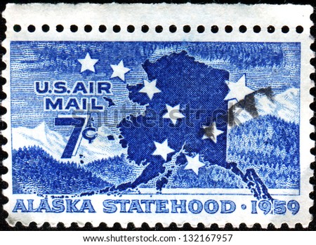 USA -CIRCA 1959: A stamp printed in United States of America shows Big Dipper, North Star & Map, Alaska Statehood Issue, Circa 1959