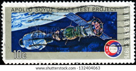 USA - CIRCA 1975: A stamp printed in United States of America shows Apollo Soyuz Space Test Project, circa 1975