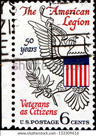 USA - CIRCA 1969: A stamp printed in United States of America shows Eagle from Great seal of U.S., 50th anniversary of American Legion, circa 1969