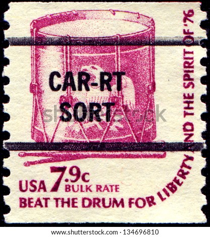 USA - CIRCA 1975: A  stamp printed in United States of America shows drum, beat the drum for liberty and the spirit of 76, circa 1975