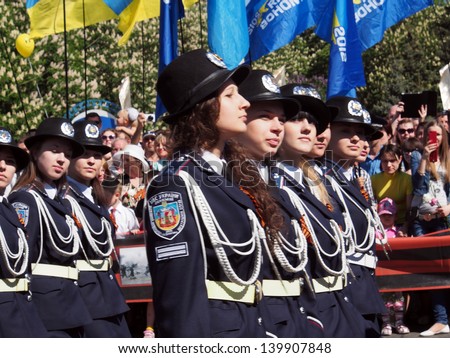 LUGANSK - MAY. 9: Victory Day is national holiday in Ukraine. Victory Day marks capitulation of Nazi Germany to Soviet Union..At parade of military portrayed police. May 9, 2013, Lugansk, Ukraine