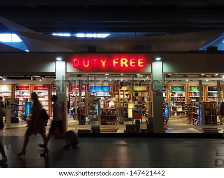 DALAMAN - JULY 16: Duty-free shop, July 16, 2013 in Dalaman Airport, Turkey. Duty-free shops are retail outlets that are exempt from the payment of certain local or national taxes and duties