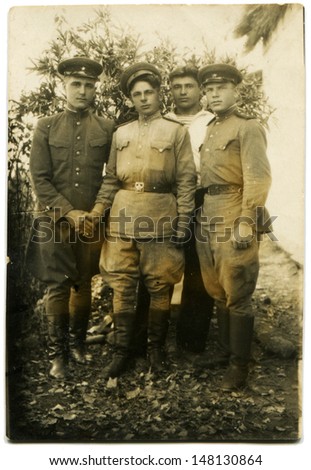 USSR - CIRCA 1942: Vintage photo shows three soviet  soldier and sailor, 1942