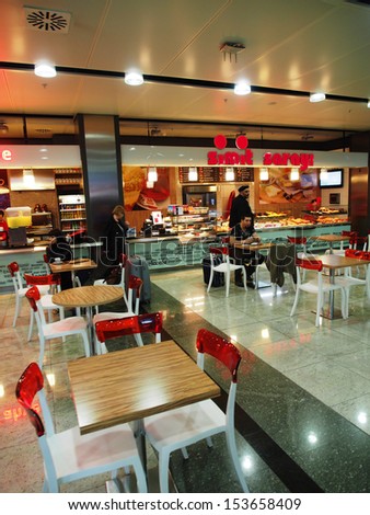 ISTANBUL - APR 20: Simit Saray Fast Food restaurant in Sabiha Gokcen International Airport at night, Istanbul, Turkey, April 20, 2013