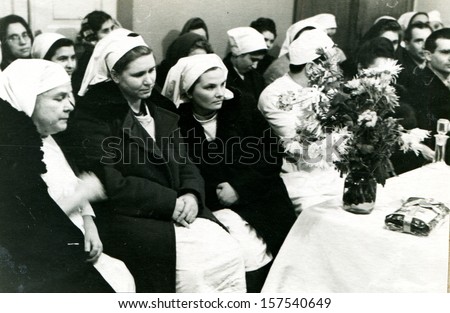 VOROSHILOVGRAD - CIRCA 1963: Regional Cancer Center staff at a union meeting, Voroshilovgrad, now Lugansk, Ukraine, USSR, 1963