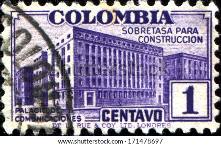 COLOMBIA - CIRCA 1940: A stamp printed in Colombia shows New Post office, Bogota