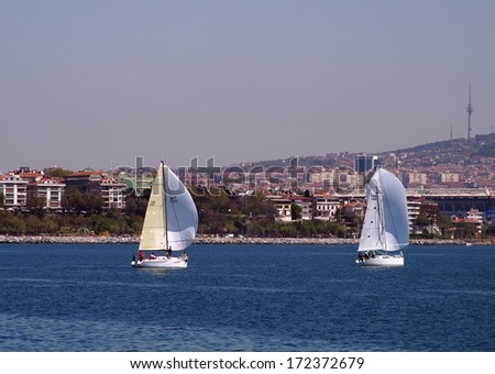 ISTANBUL - APRIL 23, 2013: sailing yacht in the Sea of Marmara in the Asian part of Istanbull
