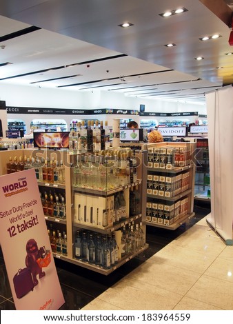 ISTANBUL, TURKEY - Apr 20, 2013: Duty Free in Sabiha Gokcen International Airport. Duty free shops are retail outlets that are exempt from the payment of certain local or national taxes.
