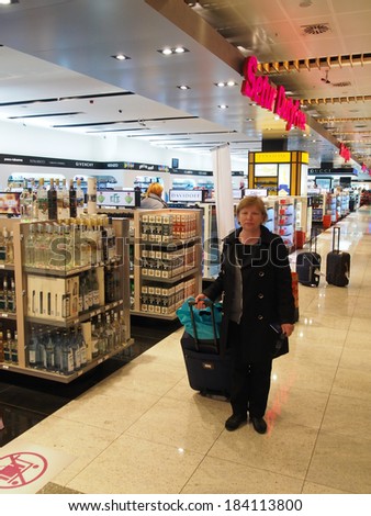 ISTANBUL, TURKEY - Apr 21: Duty Free in Sabiha Gokcen International Airport. Duty free shops are retail outlets that are exempt from the payment of certain local or national taxes.
