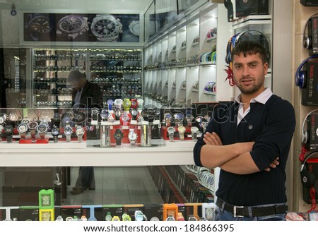 TURKEY, MARMARIS - April 26, 2013: Seller of watches shop