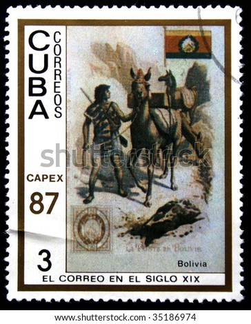 CUBA - CIRCA 1987: A stamp printed in Cuba shows a stage from a life of Bolivia, one stamp from series circa 1987.