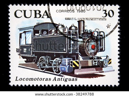 CUBA  - CIRCA 1980: A stamp printed by Cuba shows an old  steam locomotive, stamp from series, circa 1980.