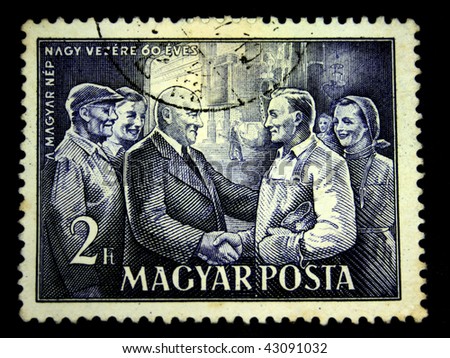 HUNGARY - CIRCA 1950s: A Stamp printed in Hungary shows Matyas Rakosi meeting with workers of steel plant, circa 1950s