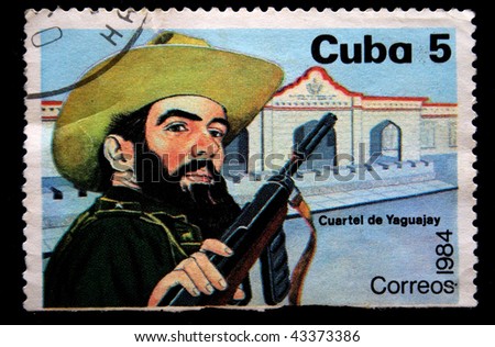 CUBA - CIRCA 1984: A stamp printed in Cuba shows Cuban revolutionary with a gun against the barracks, circa 1984