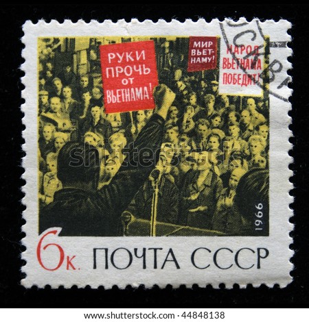 USSR - CIRCA 1969: A postage stamp printed in the USSR shows anti-war rally against the US war in Vietnam, circa 1969
