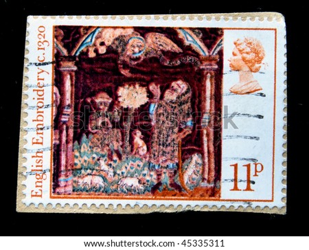 UK - CIRCA 1990s: A stamp printed in Unated Kingdom shows English Embroidery of 1302 year, circa 1990s