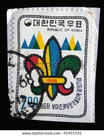 KOREA - CIRCA 1968: A stamp printed in Korea shows Lily-trefoil - the emblem of scouting organizations, devoted jamboree, circa 1968