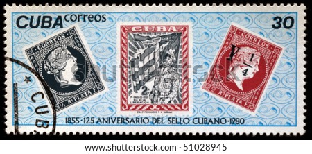 CUBA - CIRCA 1980: A stamp printed in Cuba shows vintage postage stamps, circa 1980