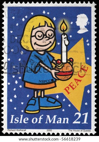 ISLE OF MAN - CIRCA 2000: A stamp printed in Isle of Man shows girl and cake mahttp://submit.shutterstock.com/submitted_photos.mhtmlde like bomb, circa 2000