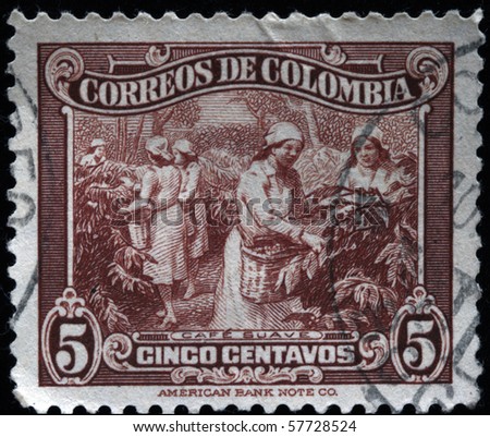 COLOMBIA - CIRCA 1940s: A stamp printed in Colombia shows coffee harvesting, circa 1940s