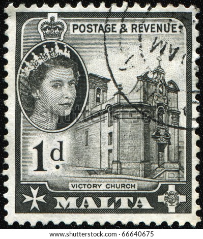 MALTA - CIRCA 1956: A stamp printed in Malta shows Queen Elizabeth II and Victory Church, circa 1956