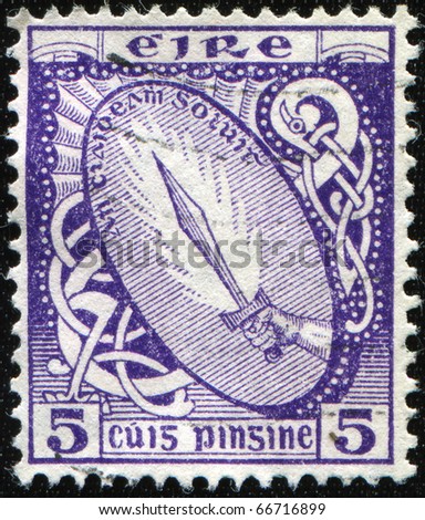 IRELAND - CIRCA 1922:  A stamp printed in Ireland shows Sword of Light, circa 1922