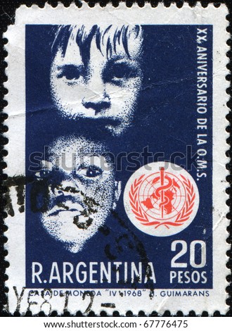 ARGENTINA - CIRCA 1968: A stamp printed in Argentina honoring 20 years of the World Health Organization, circa 1968