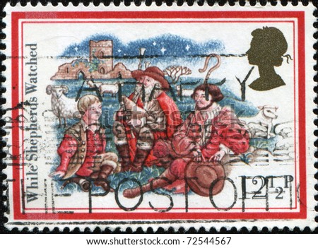 GREAT BRITAIN - CIRCA 1982: A stamp printed in Great Britain shows illustration While Shepherds Watched from series Christmas Carols, circa 1982