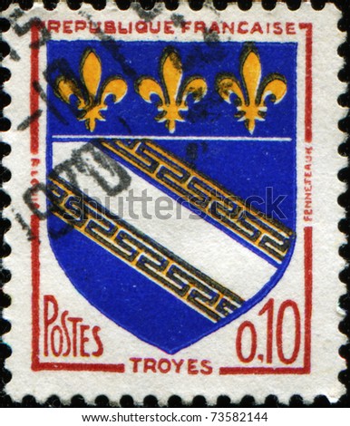 FRANCE - CIRCA 1970: A stamp printed in France shows coat of arms of Troyes city, circa 1970
