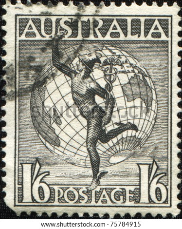 AUSTRALIA - CIRCA 1948: A Stamp printed in Australia shows Hermes and Globe, circa 1948