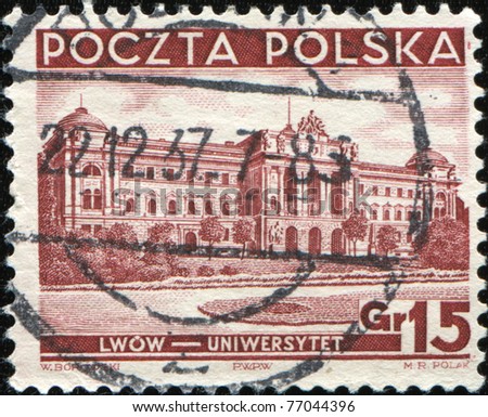 POLAND - CIRCA 1937 : A stamp printed in Poland showing Lviv University now Ivan Franko National University of Lviv, circa 1937