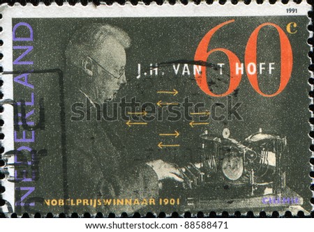 NETHERLANDS - CIRCA 1991: A stamp printed in Netherlands shows Dutch Nobel Prize Winners, Jacobus Hendericus van\'t Hoff (chemistry, 1901), circa 1991