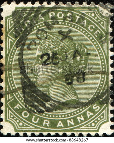 INDIA - CIRCA 1882: A stamp printed in India shows UK Queen Victoria, circa 1882