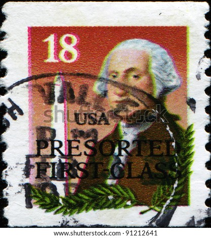 UNITED STATES OF AMERICA - CIRCA 1985: A stamp printed in the USA shows President George Washington and the Washington Monument, circa 1985