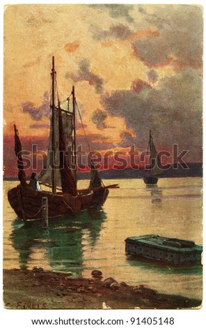 RUSSIA - CIRCA the beginning of 20 century: Postcard printed in Russian Empire shows Seascape with two boats sailing against the sunset sky, circa the beginning of 20 century
