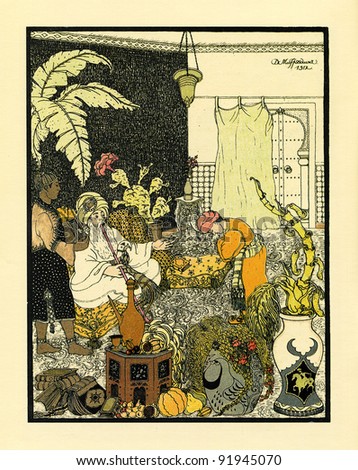 in the palace of Sheikh, illustration by Dmitry Mitrokhin, a fairy tale by William Gauf  \