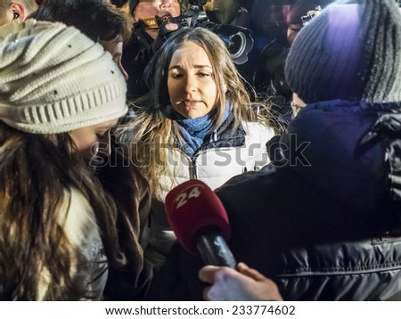 KIEV, UKRAINE - November 27, 2014: Young nationalists require viewers to abandon the concert visit. Ukrainian ultranationalists tried to disrupt the concert of popular singer Ani Lorak.
