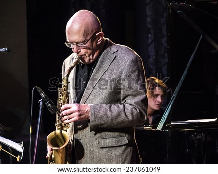 KIEV, UKRAINE - December 13, 2014: Steve Houben - Saxes&flute -- Steve Houben Quartet performs in Kiev. International jazz festival Jazz Bez held in capital of Ukraine.